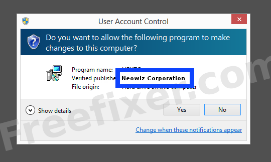Screenshot where Neowiz Corporation appears as the verified publisher in the UAC dialog